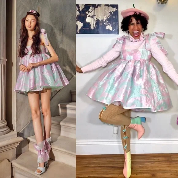 WOLF & BADGER Floral Embossed Tulle Sleeveless Bow Strap Babydoll‎ Puff Dress XS - Picture 4 of 14